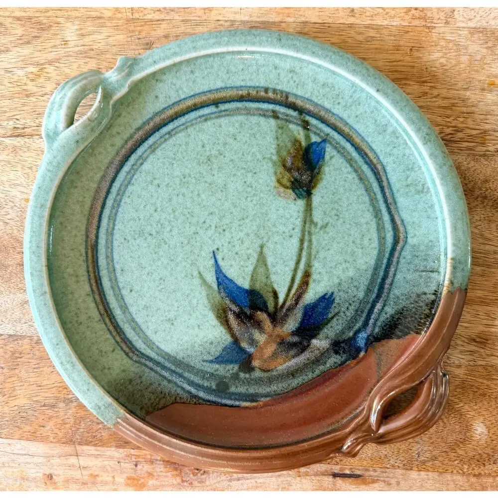 Studio Pottery Serving Plate Signed Iris Floral Green Rust Handcrafted Art